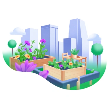 A vibrant urban rooftop garden filled with lush green plants, colorful flowers, and small trees. In the foreground, a wooden planter box overflows with blooming petunias and marigolds. There are various herbs growing in terracotta pots, including basil and rosemary. In the background, tall skyscrapers rise against the clear blue sky, showcasing a mix of glass and steel architecture. A small wooden seating area with two chairs and a table is nestled among the greenery. A potted succulent sits on the table, adding to the natural ambiance of the space.