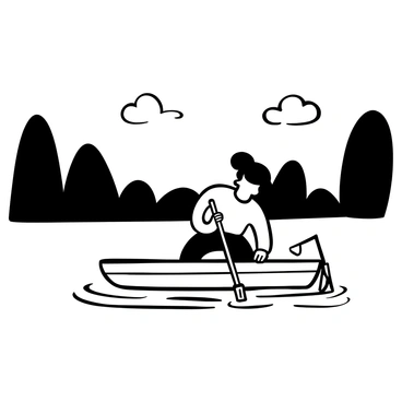 Frankenstein's monster, depicted as a large, imposing figure with a muscular build, is seated in a small wooden boat. The boat gently floats on the surface of a tranquil lake, surrounded by tall, dark trees on the shore. The monster is grasping a pair of oars, pulling them through the water in a rhythmic motion. The water shows gentle ripples radiating outward from the boat. The sky above is filled with a few fluffy clouds, and the atmosphere conveys a sense of stillness and solitude. A small fishing rod leans against the side of the boat.