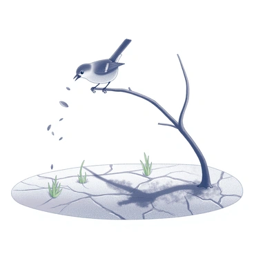 A bird is perched on a branch, its beak open as it drops seeds onto the ground below. The landscape is barren, featuring cracked earth and sparse vegetation. In the distance, small green sprouts of pioneer species begin to emerge from the soil, indicating new growth. The scene captures the bird in action, with seeds falling through the air toward the dry ground, contributing to the ecosystem.