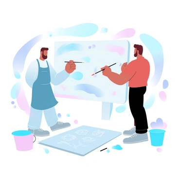 Two illustrators are standing side by side, each holding a paintbrush. They are both engaged in painting a vibrant mural on a large wall. The first illustrator is wearing a blue apron and has paint splatters on their clothes. The second illustrator is dressed in a red shirt and is focused on adding details to the mural. Colorful patterns and shapes are emerging on the wall, showcasing their collaborative work. Surrounding them are paint buckets in various colors, and a large canvas lies on the ground, featuring sketches of their ideas.