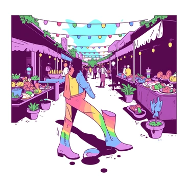 A pair of boots with vibrant rainbow colors is walking across a busy street market filled with various stalls. Each stall displays colorful fruits, vegetables, and handmade crafts, creating a lively atmosphere. People are browsing, chatting, and enjoying the environment. The pavement is lined with small potted plants, and there are colorful light banners strung overhead. The sunlight casts playful shadows on the ground as the boots step forward, highlighting their unique design against the backdrop of the bustling market.