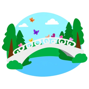 A whimsical bridge with intricate, swirling designs arches over a clear, blue pond. The bridge is made of sparkling white stone, and its railings are adorned with blooming flowers in vibrant colors. The pond below reflects the blue sky and is surrounded by tall, lush trees with bright green leaves. Colorful butterflies flutter above the water, adding to the enchanting atmosphere.