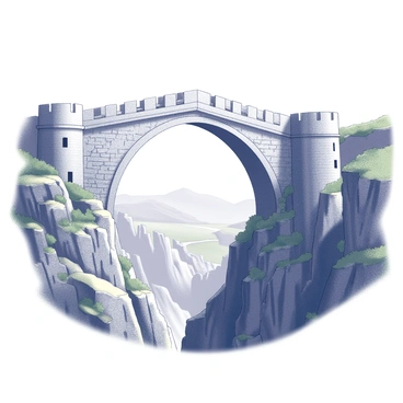 A medieval stone bridge arches gracefully between two rugged cliffs. The bridge features sturdy stonework with intricate carvings along its edges. Below, a deep chasm stretches out, with rocky walls and a distant view of the ravine floor. On the cliffs, patches of greenery cling to the stone, and the sky overhead is vast and open, hinting at the time of day. The scene conveys the majesty of the natural landscape and the craftsmanship of the bridge.