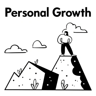 A person wearing climbing gear is scaling a rugged mountain with determination. The mountain features steep, rocky cliffs and a textured surface. At the summit, the individual stands tall, looking over an expansive landscape of peaks and valleys, with the sky above filled with swirling clouds. The words "Personal Growth" are prominently displayed above the scene.