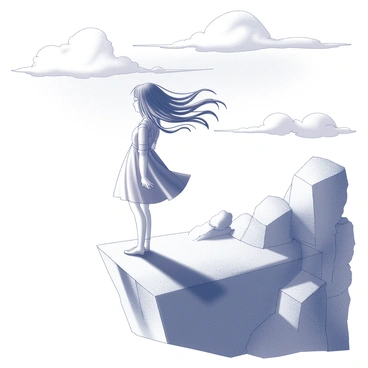 A girl is standing on a cliff, with her long flowing hair being tousled by the wind. She is facing away from the viewer, allowing her hair to cascade down her back and sway dramatically. The cliff is rugged and steep, with rocky formations jutting out at various angles. The scene captures the dynamic movement of her hair against the stillness of the surroundings. The sky above is expansive, hinting at an impending storm with swirling clouds. The girl wears a simple dress that billows around her legs, emphasizing the force of the wind.