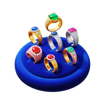 A set of seven ornate rings, each featuring intricate designs and varying gemstones, displayed on a luxurious velvet jewelry stand. The rings include a gold band with a large emerald, a silver ring adorned with a sapphire, a rose gold ring set with a ruby, and additional rings showcasing diamonds and other colorful stones. The velvet stand is deep blue, rich in texture, and elegantly holds the rings at varying heights, highlighting their unique features. The lighting casts soft reflections off the gemstones, enhancing their brilliance.
