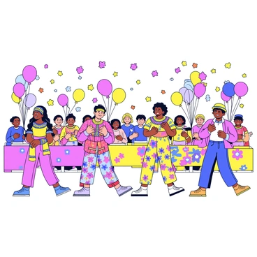 A lively parade featuring a variety of performers wearing colorful cultural costumes. Each performer showcases unique patterns and designs that represent different traditions. The costumes include bright fabrics, intricate beadwork, and flowing sashes. Along the parade route are decorative floats adorned with flowers and banners, enhancing the festive look. People in the crowd are smiling and clapping, adding to the cheerful atmosphere. Bright balloons and confetti float through the air, creating a vibrant scene.