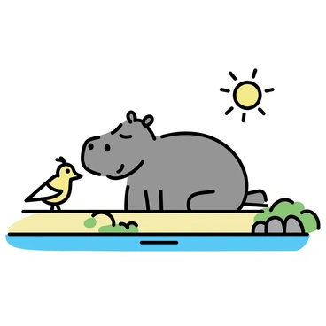 A large gray hippopotamus, with its mouth slightly open, is sitting beside a small colorful bird with bright feathers on a riverbank. The riverbank features patches of green grass and a few stones, with clear water flowing gently nearby. The sun is shining brightly, casting soft shadows on the ground. The hippopotamus and the bird are looking content as they sit side by side, creating a charming scene of unlikely friendship.
