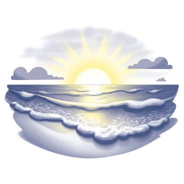 A vibrant sunrise over the ocean. The sun is rising on the horizon, casting rays of light across the water, reflecting in various directions. Waves gently lap at the shore, creating a dynamic pattern as they interact with the sand. Clouds fill the sky, creating texture and depth, while the ocean appears in layers, showing the movement of the water as it meets the beach.