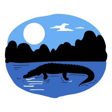 A dark silhouette of a saltwater crocodile is positioned along the riverbank, its long body partly submerged in the water. In the background, a large full moon illuminates the night sky, casting a brilliant light that reflects off the surface of the river. The scene is tranquil, with gentle ripples forming around the crocodile, adding a sense of calmness to the atmosphere. The moonlight creates a striking contrast against the crocodile's shape, enhancing every curve and line of its form.
