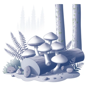 A cluster of shiitake mushrooms growing on a decaying log. The log is surrounded by various plants and ferns, creating a lush environment. Nearby, small rocks and fallen leaves add texture to the forest floor. In the background, tall trees stretch upward, their trunks covered with moss. Sunlight filters through the leaves, casting intricate shadows on the ground. The scene captures the vibrant and complex interactions within the ecosystem.