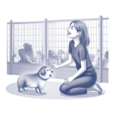 A person kneeling down in front of a small puppy in a pen at an animal shelter. The puppy has fluffy fur and an excited expression. The person is smiling broadly, showing joy on their face. They are wearing casual clothing, and their hands are gently reaching out towards the puppy. The background includes kennel bars and other animals in their enclosures, indicating a busy shelter environment. The overall scene conveys a sense of hope and happiness.