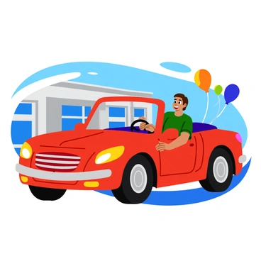A happy customer with a big smile is sitting in the driver's seat of a shiny new car. The car is a bright red sedan with sleek lines and polished chrome accents. The customer is wearing a casual outfit and appears excited as they grip the steering wheel. The car is parked outside a modern dealership building, and the sun is shining brightly, casting a warm glow on the scene. The background features the dealership sign and a few colorful balloons tied to a nearby post.