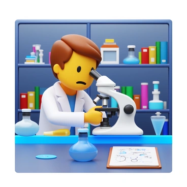 A scientist with short brown hair wearing a lab coat is peering into a microscope. The microscope is placed on a lab table cluttered with various scientific instruments and glassware. The scientist has an expression of intense focus, with one hand adjusting the focus knob. A bright light illuminates the sample on the microscope's stage. In the background, there are shelves filled with books and lab equipment. A notepad with sketches and notes is visible beside the microscope, indicating a groundbreaking discovery is being made.