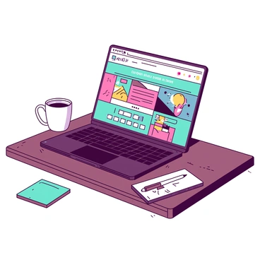 An open laptop is positioned on a wooden desk. The screen displays a colorful website showcasing various free video resources, filled with vibrant graphics and eye-catching icons. The laptop's keyboard is sleek and black, with a soft glow emanating from the screen. Next to the laptop, there is a small teal notepad with a white pen resting on top, and a white coffee mug sits to the side, completing the workspace arrangement.