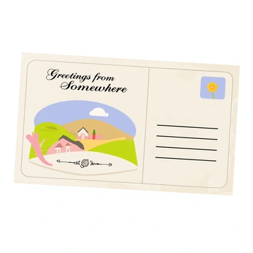 An old-fashioned postcard with a textured beige background and decorative borders. The postcard features "Greetings from Somewhere" written in an elegant illustration font at the top. Below the text is an ornate drawing of a vintage landscape with rolling hills, a small cottage, and a bright blue sky. In one corner, there is a delicate illustration of a blooming flower in soft pastel colors. The overall design gives a nostalgic feel, reminiscent of travel and correspondence from a bygone era.