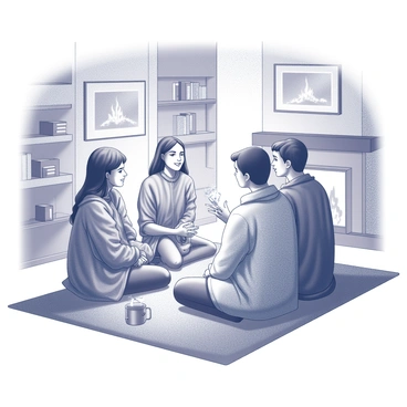 A cozy room featuring a warm fireplace with flickering flames. The fire casts soft shadows on the walls, creating an inviting atmosphere. In front of the fireplace, several people sit close together on a large, plush rug. They are bundled under various blankets, some with intricate patterns and textures. One person is animatedly talking, while others listen intently, showcasing a sense of camaraderie. A steaming mug rests on the floor within reach, adding to the homely feel of the scene. The background includes bookshelves filled with books and a few framed pictures hanging on the walls.