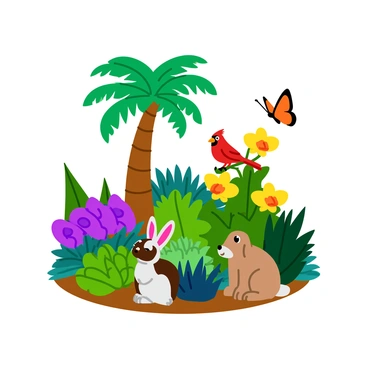 A colorful display featuring various plant and animal species arranged closely together. The scene includes a tall green palm tree with broad leaves, blooming orchids in vibrant hues of purple and yellow, and a cluster of succulents with varied shapes and colors. Among the animals, there is a bright red cardinal perched on a branch, a small brown rabbit sitting on the ground, and a playful orange and black butterfly fluttering above the flowers. Each species is depicted with distinctive details, showcasing the richness of genetic diversity.