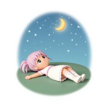 A chibi anime girl, with large expressive eyes and colorful hair styled in two pigtails, is lying on a lush green patch of grass. She is wearing a pastel-colored dress with frills and knee-high socks adorned with tiny stars. Her arms are stretched out beside her, and her head is tilted back as she gazes up at a vibrant, starry sky filled with twinkling stars and a glowing crescent moon. The scene captures the sense of wonder in her eyes as she admires the beauty above.