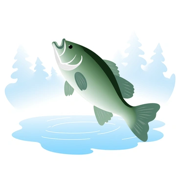 A largemouth bass is leaping out of the surface of a lake, creating ripples around it. The water is partially covered in a delicate morning mist, which gently blankets the scene. The fish is glistening under the soft light, showcasing its distinctive green body and dark lateral line. In the background, silhouettes of trees can be seen emerging through the mist, contributing to the tranquil atmosphere of the early morning.