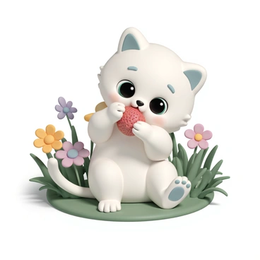 A cute cat with soft, fluffy fur that is predominantly white, accented with light gray patches on its ears and tail. The cat is sitting on its hind legs, gently holding a large, vibrant red strawberry with its front paws. Its big, round eyes are wide open, radiating curiosity as it takes a bite of the strawberry. Around the cat, the lush green field is filled with tall grass and colorful wildflowers, creating a lively and cheerful atmosphere. The sun is shining brightly, casting soft shadows on the ground, enhancing the vivid colors of the scene.