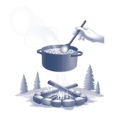 A cast-iron pot is suspended above a crackling campfire, its surface glowing with the heat from the flames below. The pot is filled with a bubbling stew, steam rising and swirling into the air. A pair of hands, weathered and sturdy, holds a wooden spoon that stirs the mixture inside the pot. The fire pit is surrounded by stones, and the flickering light casts dancing shadows on nearby trees. The scene captures the warmth and rustic charm of cooking outdoors.