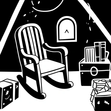 An old dusty rocking chair sits in the corner of a dimly lit attic. The chair is made of worn wood, with intricate carvings on its arms and legs. Surrounding the chair are various antique items, including a vintage clock with a cracked face, a stack of yellowed books with leather covers, and an old trunk covered in cobwebs. Shadows dance across the wooden beams of the ceiling, and a faint light filters through a small, dirty window, illuminating the dust motes in the air.
