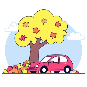 A car parked under a tree with a pile of colorful autumn leaves around it