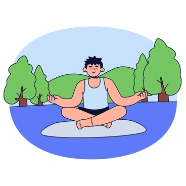 A bodybuilder with a muscular build sits cross-legged on a flat rock beside a calm lake. He has short, dark hair and is wearing a simple tank top and shorts. His eyes are closed, and a serene expression is on his face as he meditates. The water of the lake is smooth and reflects the clear blue sky above. Surrounding the lake are lush green trees that provide a sense of tranquility. In the background, there are gentle hills that add to the peaceful atmosphere. The setting conveys a focus on mental strength and relaxation.