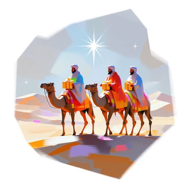 A Christmas ball scene depicting the three wise men journeying across a vast desert landscape. The three figures, dressed in richly colored robes adorned with intricate patterns, are riding on camels. Each wise man is holding a gift: gold, frankincense, and myrrh, carefully wrapped and presented. The desert features dunes that rise and fall gently in the background, with a clear starry sky overhead, highlighting the bright North Star guiding their path. Silhouetted against the horizon, the wise men are framed by the soft glow of the moonlight reflecting off the sands.