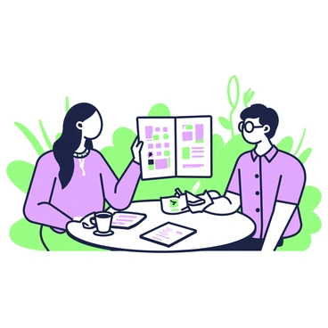 An artist with long hair and a casual outfit is sitting at a round café table. In front of the artist is an open portfolio displaying colorful artwork, showcasing a variety of pieces. The client, wearing a button-up shirt and glasses, sits across from the artist, looking attentively at the portfolio. Next to the portfolio, there is a printed pricing list laid out on the table. The café has an outdoor setting with plants surrounding the area. A steaming cup of coffee sits on the table beside the client.