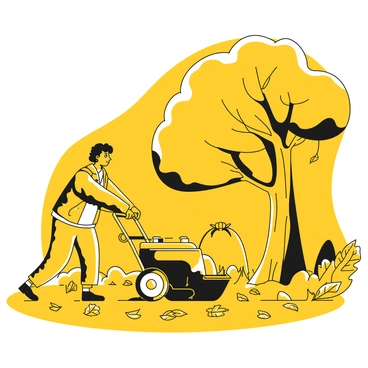 A person wearing gloves and a fall jacket is operating a leaf bagger in a suburban yard. The leaf bagger, a large machine with a wide intake, is actively collecting leaves as the person pushes it forward. The ground is covered with a multitude of fallen leaves in various shapes and sizes, indicating the autumn season. Nearby, a few trees with branches extending over the yard have leaves partially visible, contributing to the scene. The person has short hair and is focused on the task, with one foot positioned forward for balance. A bag attached to the leaf bagger fills up with the collected leaves, showcasing the effort in maintaining the yard.