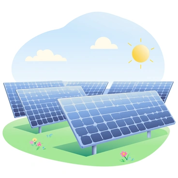 A vast field of solar panels is spread out under a bright, clear sky. The solar panels are arranged in neat rows, reflecting the sunlight. In the background, a few fluffy white clouds are scattered across the blue sky. The ground is covered in green grass, with small wildflowers peeking through, adding splashes of color. The sun is shining brightly, casting soft shadows of the solar panels onto the ground below.