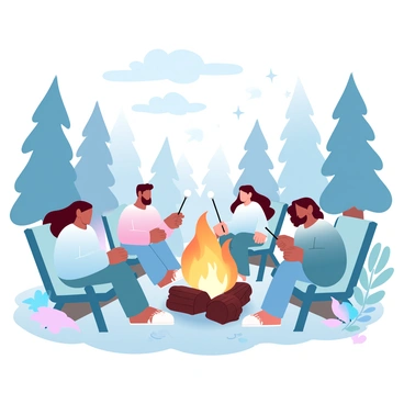 A group of friends is sitting around a bonfire, with flames dancing and casting warm light on their faces. They are seated on logs and camping chairs, wrapped in cozy blankets. Some friends are roasting marshmallows on skewers, while others are chatting and laughing. The forest is filled with tall, vintage trees, their silhouettes contrasting against the night sky. Twinkling stars are visible above, creating a magical atmosphere. The ground is covered with leaves and soft moss, enhancing the natural setting.