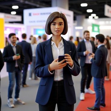 A product owner with short brown hair, wearing a navy blue blazer over a white shirt, and dark jeans. She holds a smartphone in one hand while engaging in conversation with a group of diverse professionals around her. The background is filled with colorful banners and booths showcasing various tech companies. Attendees are mingling, exchanging business cards, and sharing ideas, creating a dynamic and energetic atmosphere. Bright lights illuminate the event space, highlighting the enthusiastic interactions among the participants.
