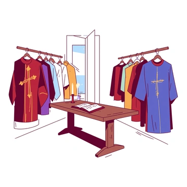 A white sacristy with light streaming through a small window, illuminating the interior. Neatly arranged racks line the walls, showcasing various colorful vestments hanging in order. Each vestment displays intricate designs and rich textures, reflecting a variety of colors including deep red and royal blue. A polished wooden table is situated in the center, adorned with lit candles and an open prayer book. The atmosphere is serene, with soft shadows cast by the gentle light.