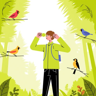A nature enthusiast with short brown hair is standing in a vibrant green forest, observing various birds through binoculars. The person is wearing a light green hiking jacket and has a small backpack slung over one shoulder. Around them, several colorful birds are perched on branches, including a red cardinal, a blue jay, and a yellow warbler. Sunlight filters through the dense canopy, casting dappled shadows on the forest floor, which is covered in fallen leaves and small ferns. The binoculars are raised to the person's eyes, emphasizing their focused expression as they take in the sights.
