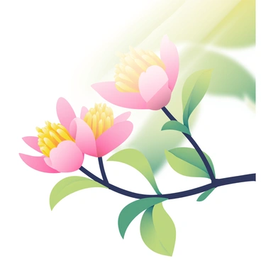 A close-up view of delicate guava flowers blooming on a slender branch. The flowers feature soft pink petals that gently open, revealing their yellow stamens at the center. The branch has green leaves that provide a vibrant contrast to the flowers. Sunlight filters through, casting a gentle glow on the petals, enhancing their delicate texture. The background is softly out of focus, emphasizing the beauty of the guava flowers in the foreground.