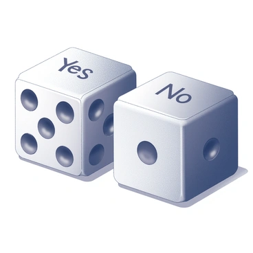 Two oversized dice are positioned prominently on a flat surface. One die displays the word "Yes" on each of its six faces, while the other die shows "No" on all its faces. The dice are made of a glossy material, reflecting light in a way that emphasizes their size. Each die is cubic, with clearly defined edges and corners, showcasing their large dimensions. They are arranged side by side, creating a visual focus on the contrasting messages they convey.