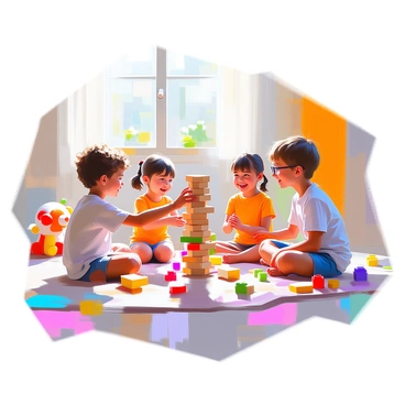 A group of three children is sitting on a soft, colorful playroom floor, fully engaged in a game of Jenga. One child, a boy with curly brown hair, is carefully removing a block from the tower. Another child, a girl with pigtails and a bright yellow shirt, watches intently, her hands clasped in excitement. The third child, a boy with glasses and a striped t-shirt, is ready to place a block on top. Surrounding them are vibrant toys scattered across the floor, including plush animals and building blocks, and the walls of the playroom are painted in bright, cheerful colors. A window allows soft light to filter in, enhancing the lively atmosphere of the scene.