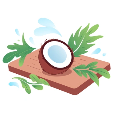 A freshly split coconut on a cutting board surrounded by palm leaves