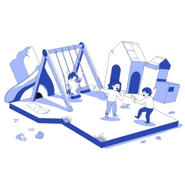 A group of children is playing in an abandoned playground. They are climbing on rusted swings, and an old slide leans to one side, partially covered in dirt. The ground is uneven, with patches of grass breaking through cracks in the concrete. In the background, crumbling structures are visible, their walls cracked and peeling. A few broken toys are scattered around, and the atmosphere feels lively despite the dilapidation. The children are laughing and interacting with each other, creating a contrast to the desolate environment.