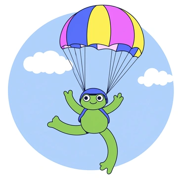 A green frog with bulging eyes wearing a small helmet is skydiving from a great height. The frog is attached to a large, vibrant parachute that opens up in mid-air, displaying a pattern of bright colors like red, yellow, and blue. Below the frog, the sky is clear and blue, with a few fluffy white clouds scattered throughout. The frog appears to be enjoying the experience, with its limbs spread wide and a smile on its face.