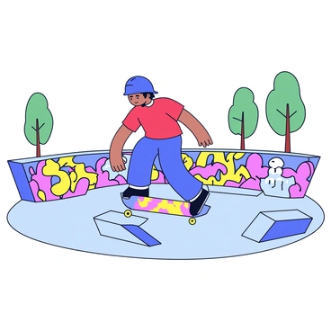 A young skateboarder with a bright blue helmet and a red t-shirt is performing an ollie on a skateboard. The skateboard has a graphic design featuring flames. The park has a smooth concrete surface and a few small ramps. Surrounding the area are vibrant airbrush graffiti art on the walls, showcasing colorful designs of abstract shapes and characters. A few trees are visible in the background adding a touch of greenery to the scene.