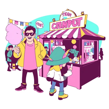 Two characters from Team Rocket are cleverly disguised as ordinary festival-goers at a carnival. One character, dressed in a bright yellow jacket and sunglasses, is holding a pink cotton candy stick and looking around with a mischievous grin. The other character, wearing a teal hat adorned with colorful feathers, is standing next to a vibrant game booth, trying to win a stuffed toy. Surrounding them are colorful carnival decorations, including banners and lights, while other festival-goers enjoy the attractions. The atmosphere is lively and festive, with a banner in the background reading "Carnival Fun!"
