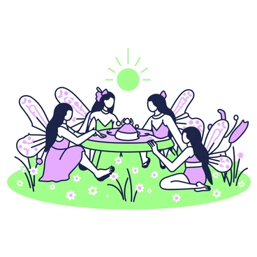 A court of fairies is gathered in a meadow at dawn. The fairies are small, delicate beings with translucent wings, each adorned with intricate patterns. They are seated in a circle on soft grass, surrounded by wildflowers. In the center of the circle, a large, shimmering flower acts as a natural table, where some fairies are placing glowing orbs. The sun is just rising, casting a soft light that illuminates the dewdrops on the petals and the fairies' wings. A few fairies are engaged in animated discussion, while others are listening attentively. The atmosphere is filled with a sense of magic and wonder.