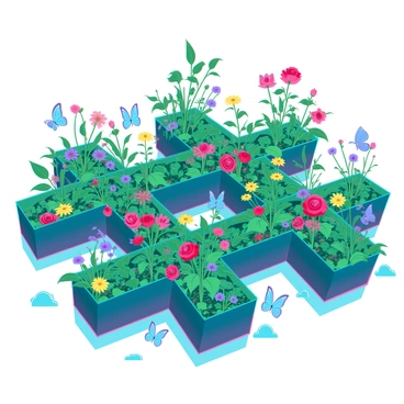 A vibrant garden filled with a variety of plants and flowers, each arranged meticulously in the shape of multiple "hashtags." The greenery is rich and diverse, featuring lush leaves in shades of deep green. Brightly colored flowers, such as red roses, yellow daisies, and purple violets, bloom within the structured patterns of the hashtags. The garden is sunlit, with rays of light illuminating the unique shapes and casting soft shadows on the ground. Small butterflies flutter around the flowers, adding a dynamic element to the tranquil setting.