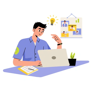 An entrepreneur sitting at a wooden desk with a sleek silver laptop open in front of them. The entrepreneur has short black hair and is wearing a blue shirt. They are gazing thoughtfully at the screen, with a light bulb graphic above their head, representing their creative ideas. A notepad and pen are positioned beside the laptop, alongside a small potted plant. A vision board with images of a thriving business decorates the wall behind them, showcasing pictures of happy customers and growth charts.