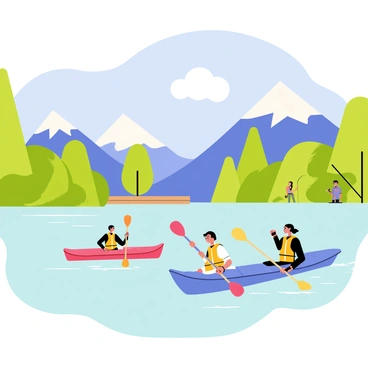 A group of four kayakers, two in red kayaks and two in blue kayaks, paddles through the clear, turquoise waters of Lake Annecy. The kayakers wear bright life jackets, and their paddles splash water as they maneuver. Lush green trees line the shores of the lake, with a backdrop of majestic mountains capped with snow. A few fluffy white clouds float in the blue sky above. In the distance, a small wooden dock extends into the water, with some people fishing. The scene captures the vibrant energy of outdoor activity amidst breathtaking natural beauty.