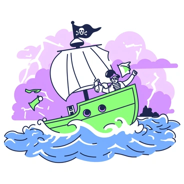 A pirate ship is navigating through turbulent seas, with large waves crashing against the hull. The ship has prominent sails billowing in the wind, adorned with a skull and crossbones flag fluttering at the top of the mast. On deck, a pirate captain with a tricorn hat is shouting orders, and beside him stands a crew member holding a map. Lightning streaks across the sky, illuminating the scene. In the background, dark clouds loom ominously, and a distant island can be faintly seen through the rain. The colors of the waves and the ship create an engaging contrast in the chaos of the storm.